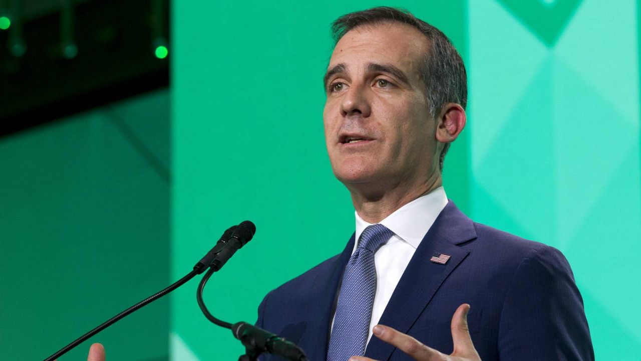 FILE - L.A. Mayor Eric Garcetti speaks during the U.S. Conference of Mayors meeting in Washington, Jan. 24, 2019. (AP/Jose Luis Magana)