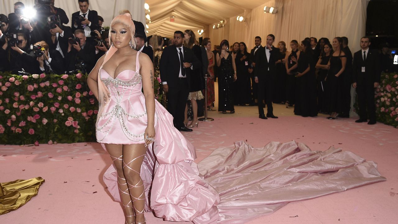 FILE: Nicki Minaj attends The Metropolitan Museum of Art's Costume Institute benefit gala celebrating the opening of the "Camp: Notes on Fashion" exhibition on Monday, May 6, 2019, in New York. (Photo by Evan Agostini/Invision/AP)