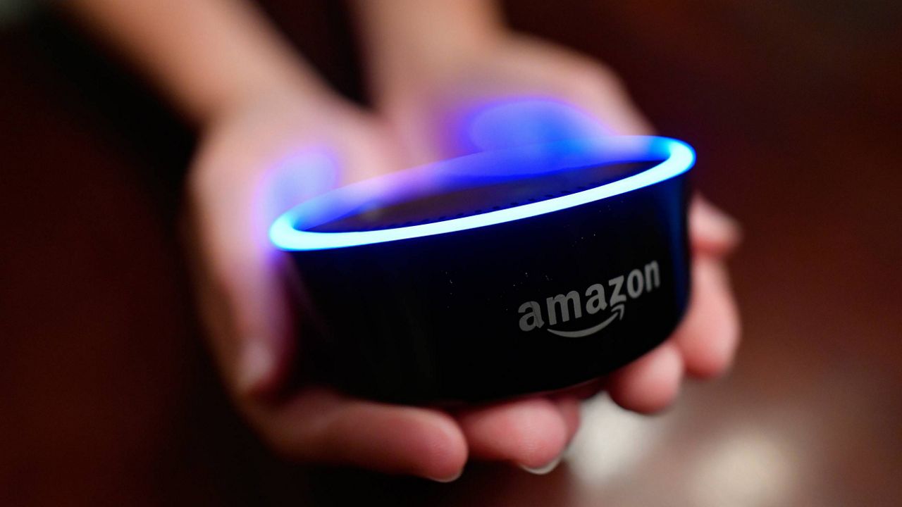 A child holds his Amazon Echo Dot (AP Photo/Mike Stewart, File)