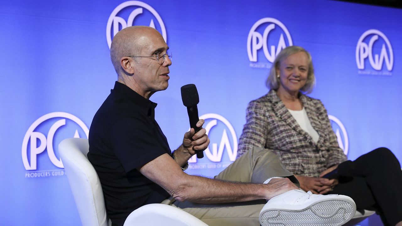 Jeffrey Katzenberg and Meg Whitman speak at the Produced By Conference at Warner Bros. Studios on Saturday, June 8, 2019, in Burbank, California. (Photo by Mark Von Holden/Invision for Producers Guild of America /AP Images)