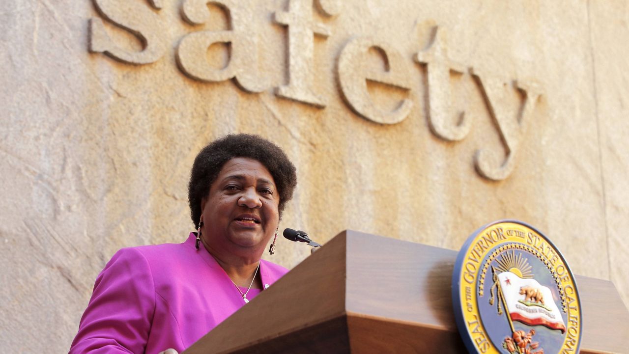 Assemblywoman Shirley Weber, D-San Diego, discusses her measure that limits the use of lethal force by law enforcement, during a bill signing ceremony in Sacramento, Calif., Aug. 19, 2019. (AP/Rich Pedroncelli)
