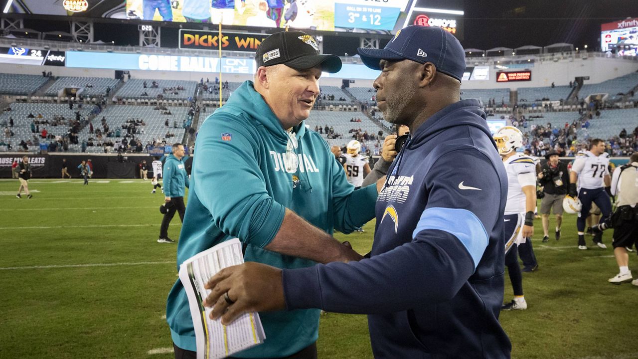 Jaguars coach Doug Marrone and Chargers coach Anthony Lynn shake hands after a game on Dec. 8, 2019. (AP Photo/Stephen B. Morton, File)