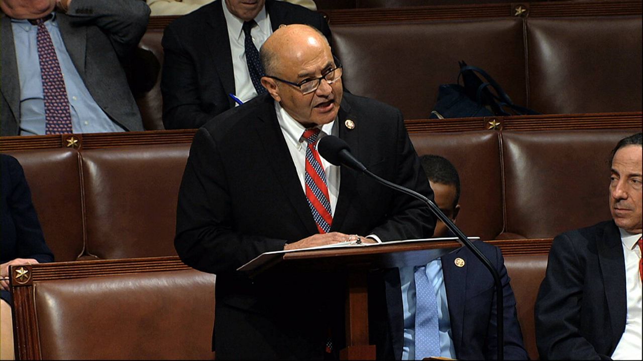 Rep. Lou Correa, D-Calif., speaks as the House of Representatives debates the articles of impeachment against President Trump at the Capitol, Dec. 18, 2019. (House Television via AP)