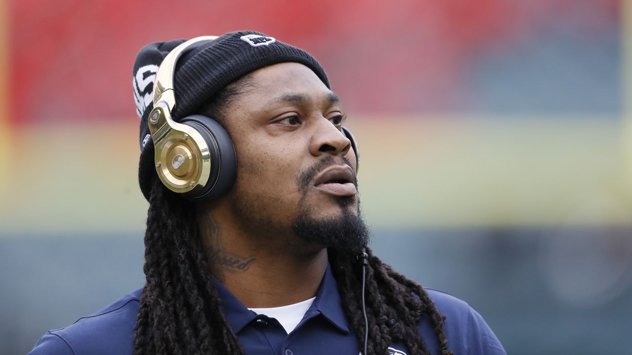Seattle Seahawks' Marshawn Lynch warms up before an NFL wild-card playoff football game against the Philadelphia Eagles, Sunday, Jan. 5, 2020, in Philadelphia. (AP Photo/Michael Perez)