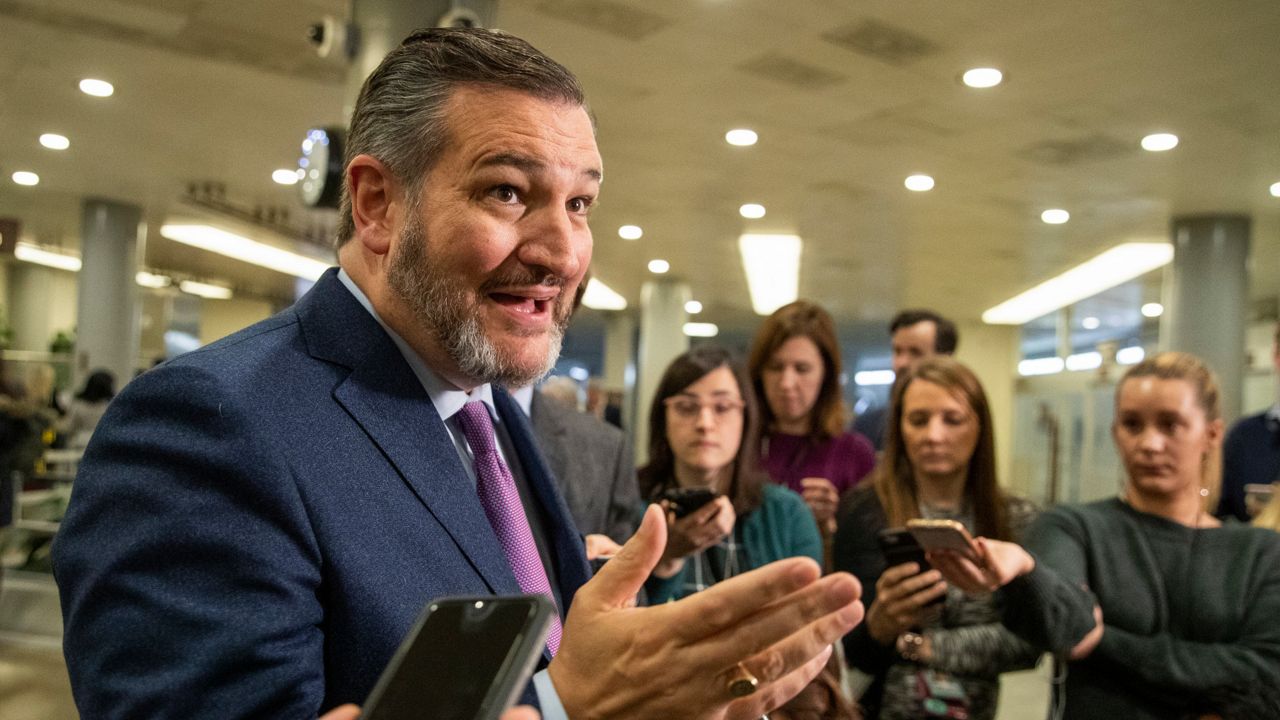 Sen. Ted Cruz, R-Texas, speaks to reporters on Capitol Hill in Washington, Tuesday, Jan. 21, 2020. (AP Photo/Manuel Balce Ceneta)