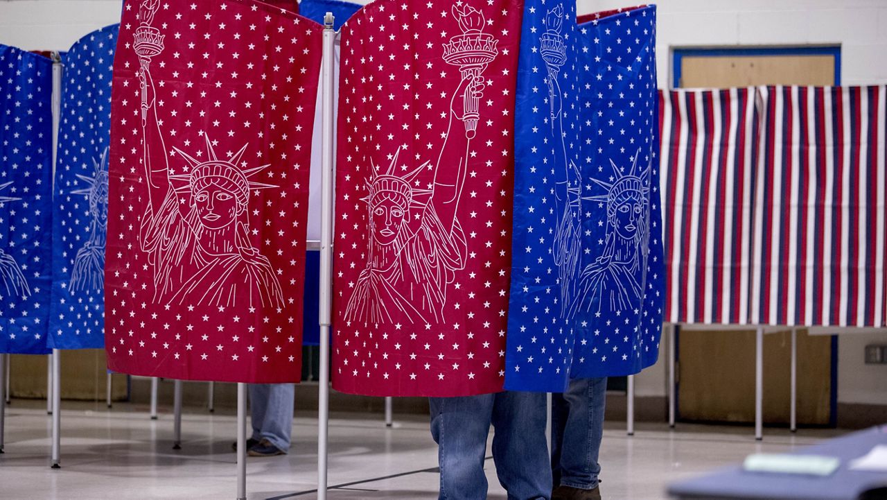 FILE PHOTO - Residents stand in voting booths to vote in the New Hampshire Primary at Parker-Varney Elementary School, Tuesday, Feb. 11, 2020, in Manchester, N.H. (AP Photo/Andrew Harnik)
