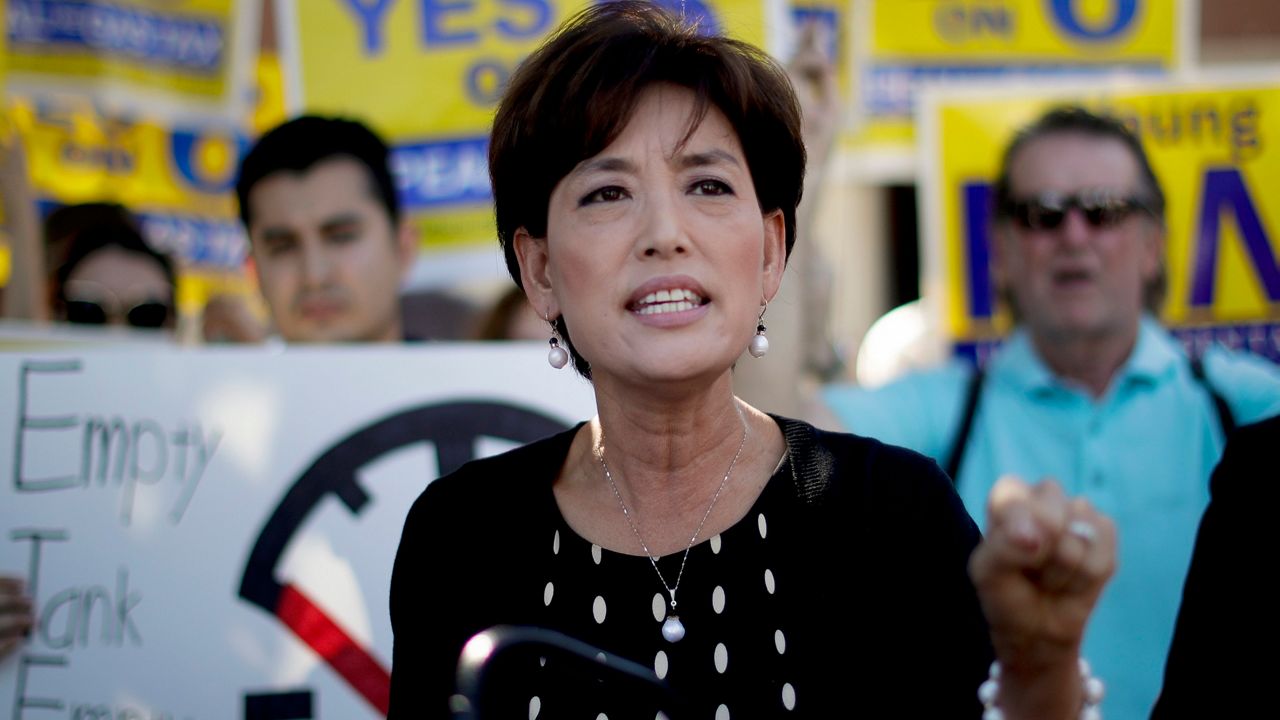 This Oct. 1, 2018 file photo shows Young Kim speak at a anti-gas tax rally in Fullerton, Calif. (AP Photo/Chris Carlson, File)