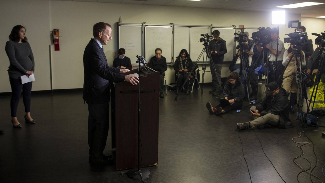 Superintendent Austin Beutner announces the closure of the Los Angeles district schools for two weeks at a news conference at the school district headquarters, March 13, 2020. (AP/Damian Dovarganes)