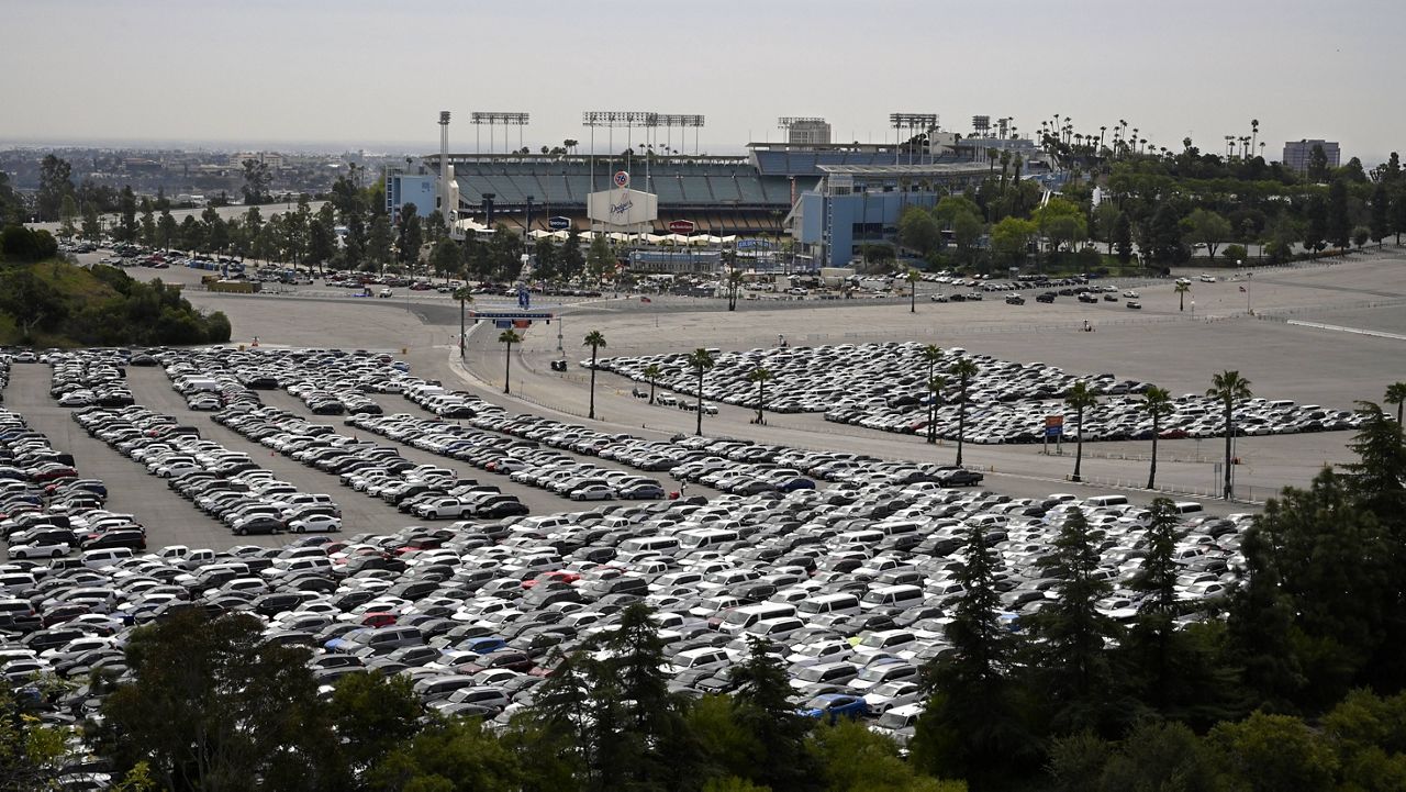 The parking lot of Dodger Stadium, Tuesday, March 31, 2020, in Los Angeles. (AP Photo/Mark J. Terrill)