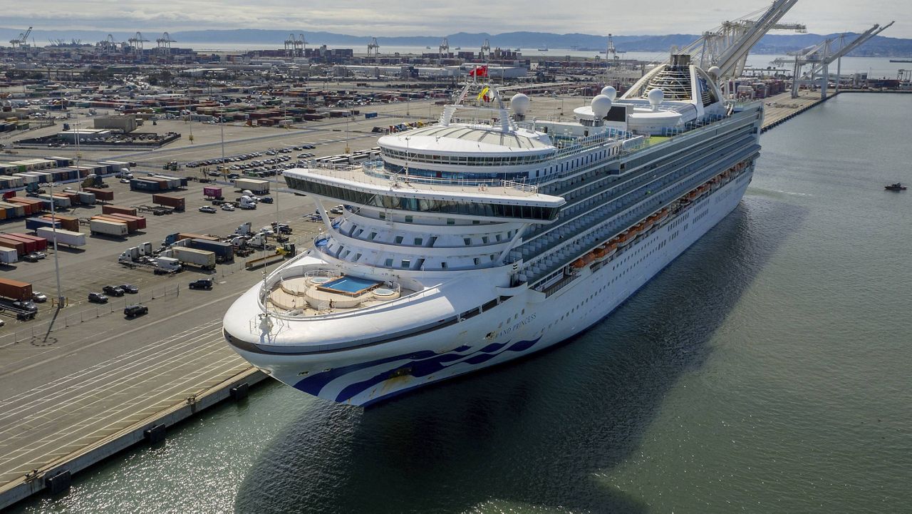 This March 9, 2020, file photo shows the Grand Princess cruise ship docked at the Port of Oakland in Oakland, Calif. (AP Photo/Noah Berger, File)