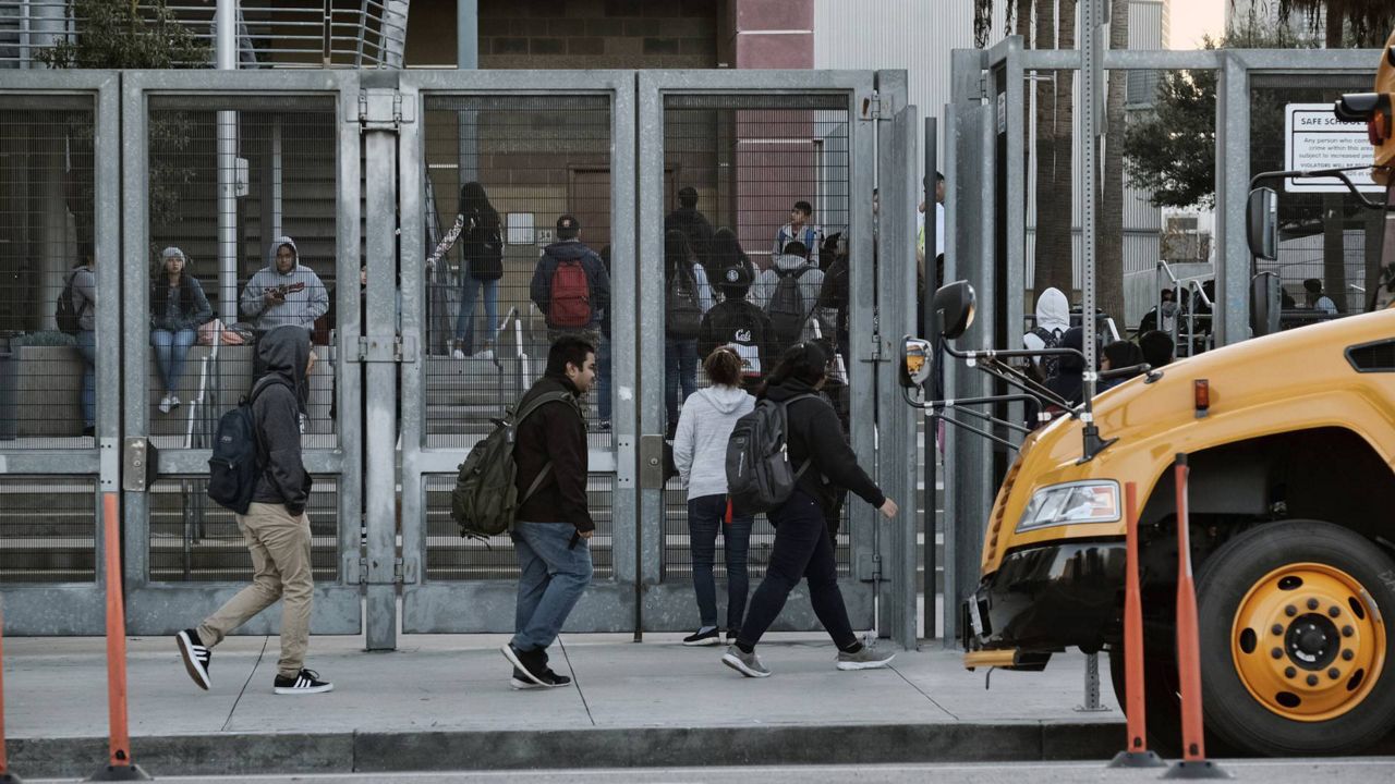 In this Jan. 23, 2019 file photo, students return to school at the Miguel Contreras Learning Complex High School in downtown Los Angeles. (AP Photo/Richard Vogel)