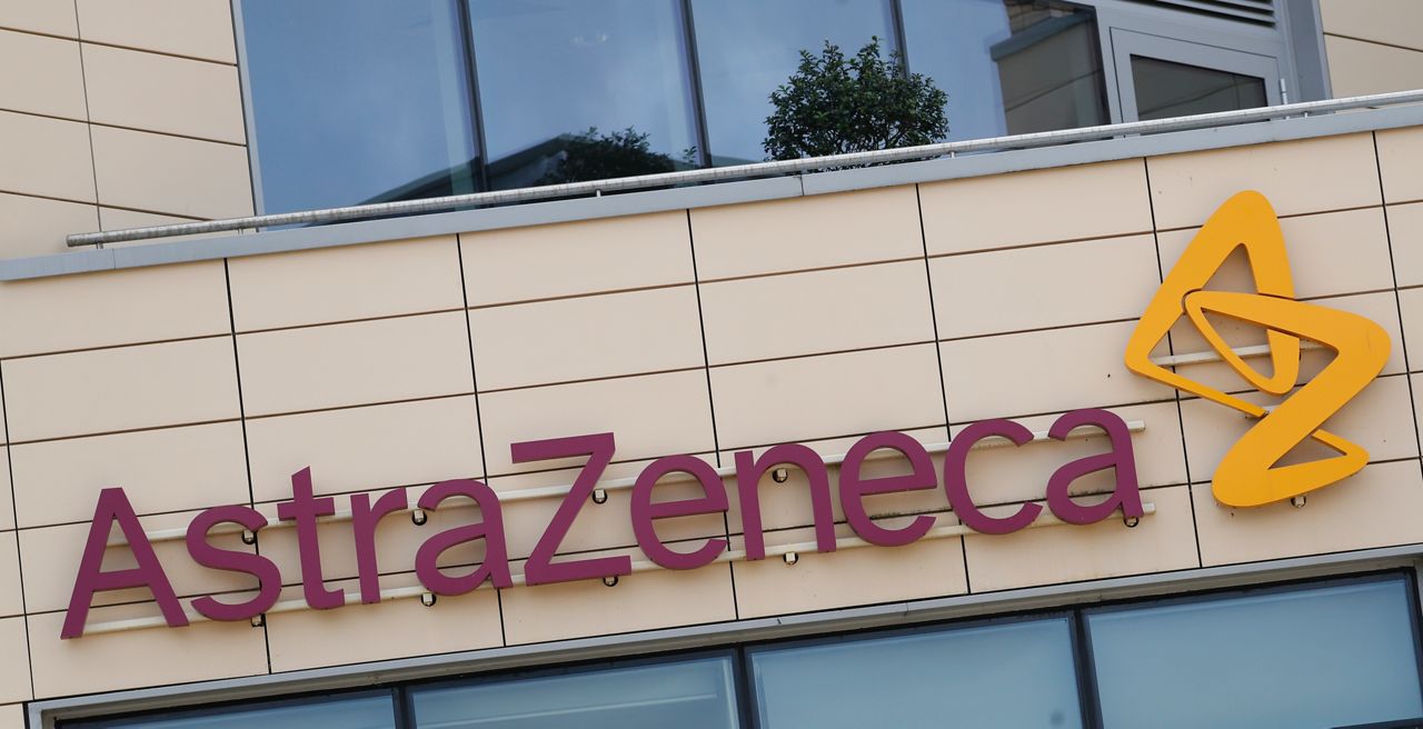 A general view of AstraZeneca offices and the corporate logo in Cambridge, England, Saturday, July 18, 2020. (AP Photo/Alastair Grant)