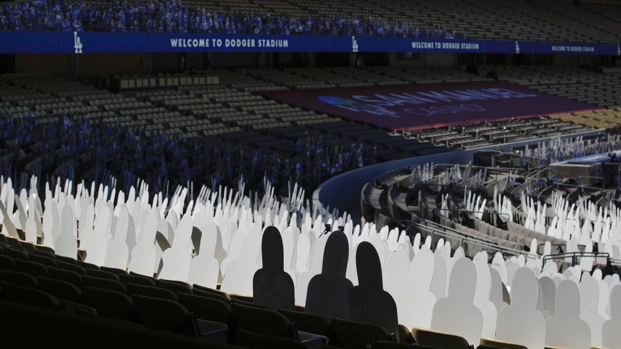 Cutouts occupy some of the stadium seats before a baseball game between the Los Angeles Dodgers and the San Francisco Giants, July 26, 2020, in L.A. (AP/Jae C. Hong)