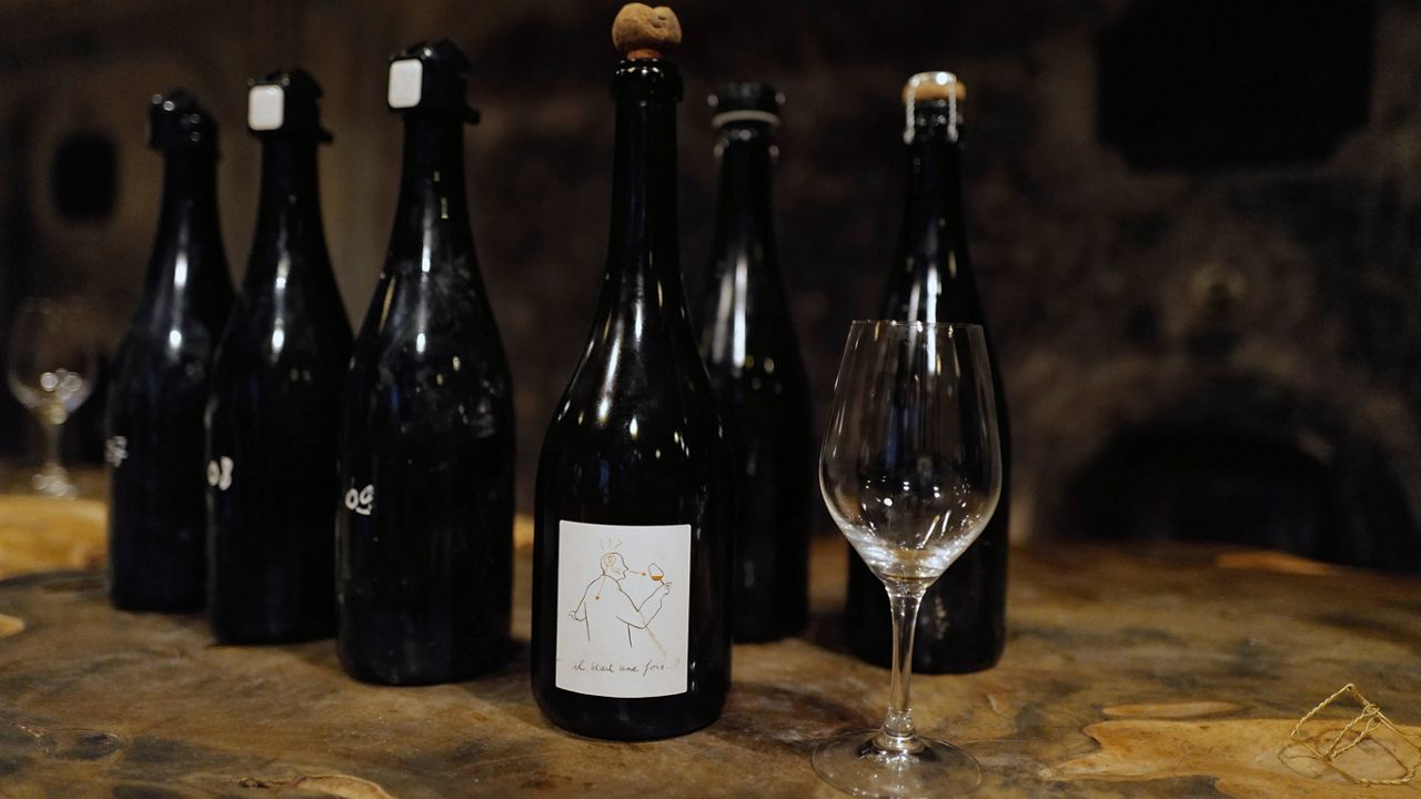Champagne bottles for tasters are displayed in the cave of Champagne producer Anselme Selosse in Avize, France. (AP Photo/Francois Mori)
