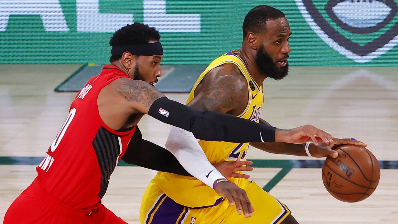 Carmelo Anthony of the Portland Trail Blazers handles the ball