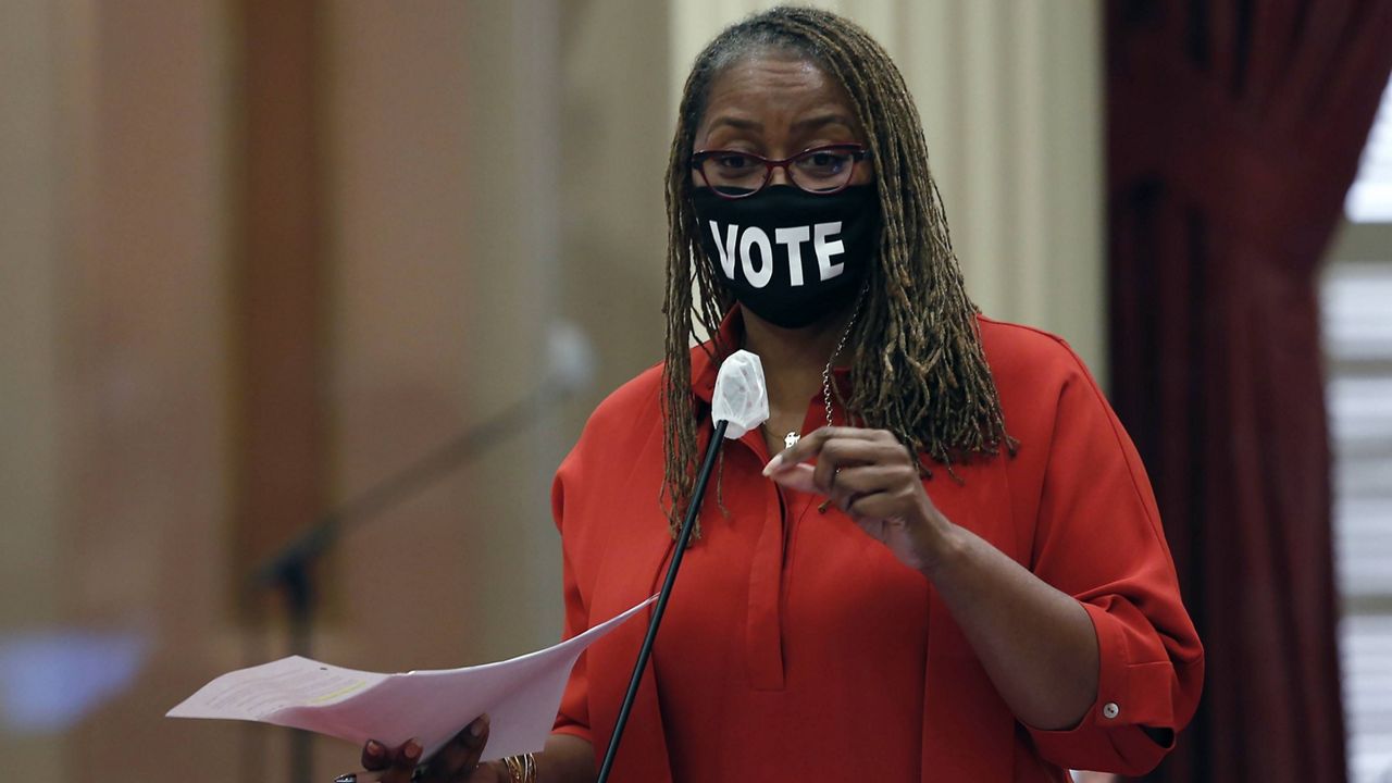 State Sen. Holly Mitchell, D-Los Angeles urges lawmakers to approve a measure to place a proposed Constitutional amendment on the November ballot to overturn the ban on state affirmative action programs, at the Capitol in Sacramento, Calif. on June 24, 2020. (AP Photo/Rich Pedroncelli)
