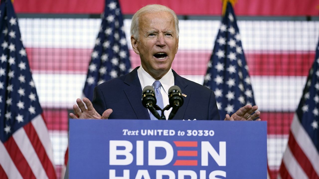 Democratic presidential candidate Joe Biden speaks at campaign event at Mill 19 in Pittsburgh, Pa., Monday, Aug. 31, 2020. (AP Photo/Carolyn Kaster)