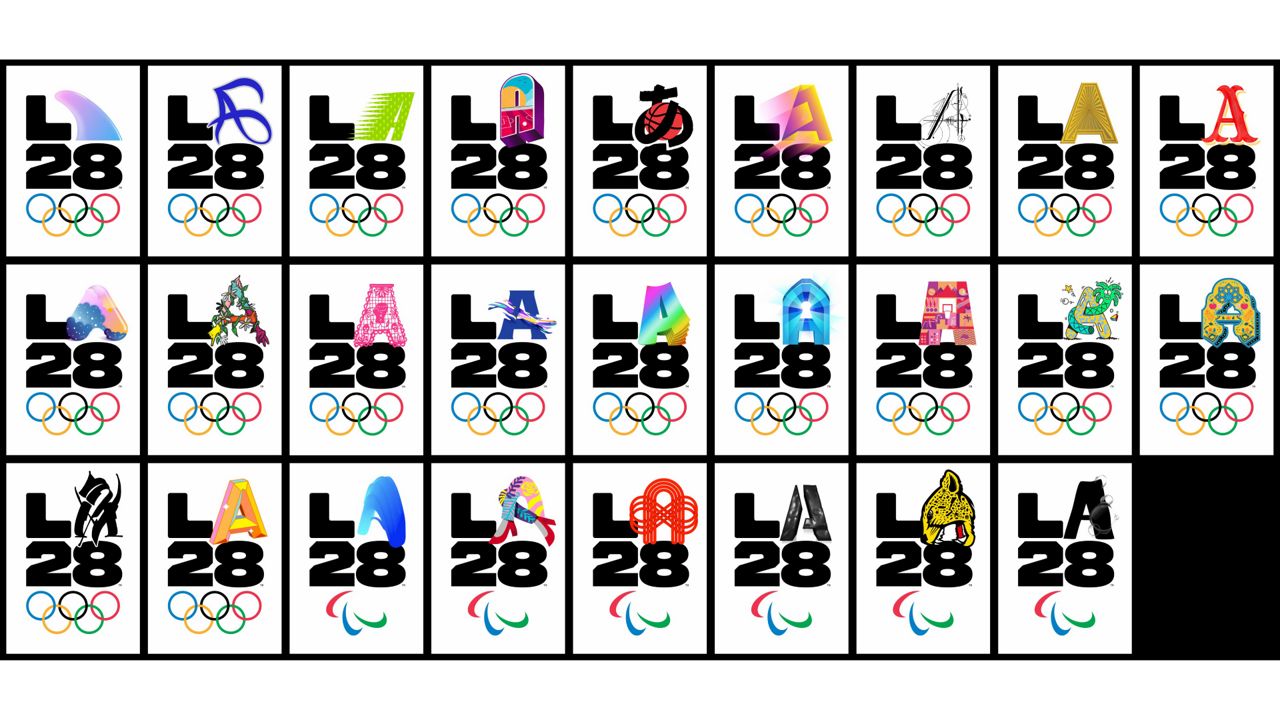 This combination of images provided by LA28 shows logos released Tuesday, Sept. 1, 2020, by the Los Angeles Olympic organizing committee features a black “L” and a “28" being paired with the letter “A” which is designed to show up in almost any color, shape or configuration as a way of representing the diversity of the Los Angeles community. (LA28 via AP)