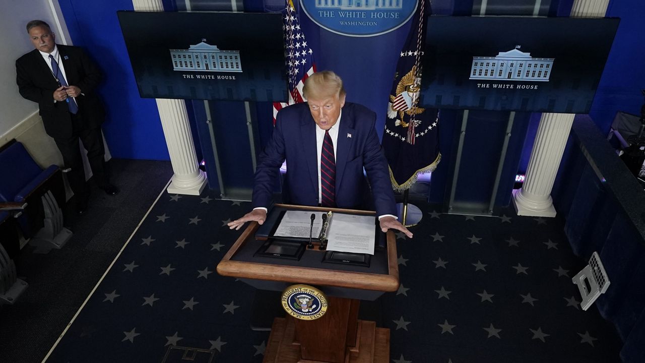 President Donald Trump speaks during a news conference in the James Brady Press Briefing Room at the White House, Friday, Sept. 4, 2020, in Washington. (AP Photo/Evan Vucci)