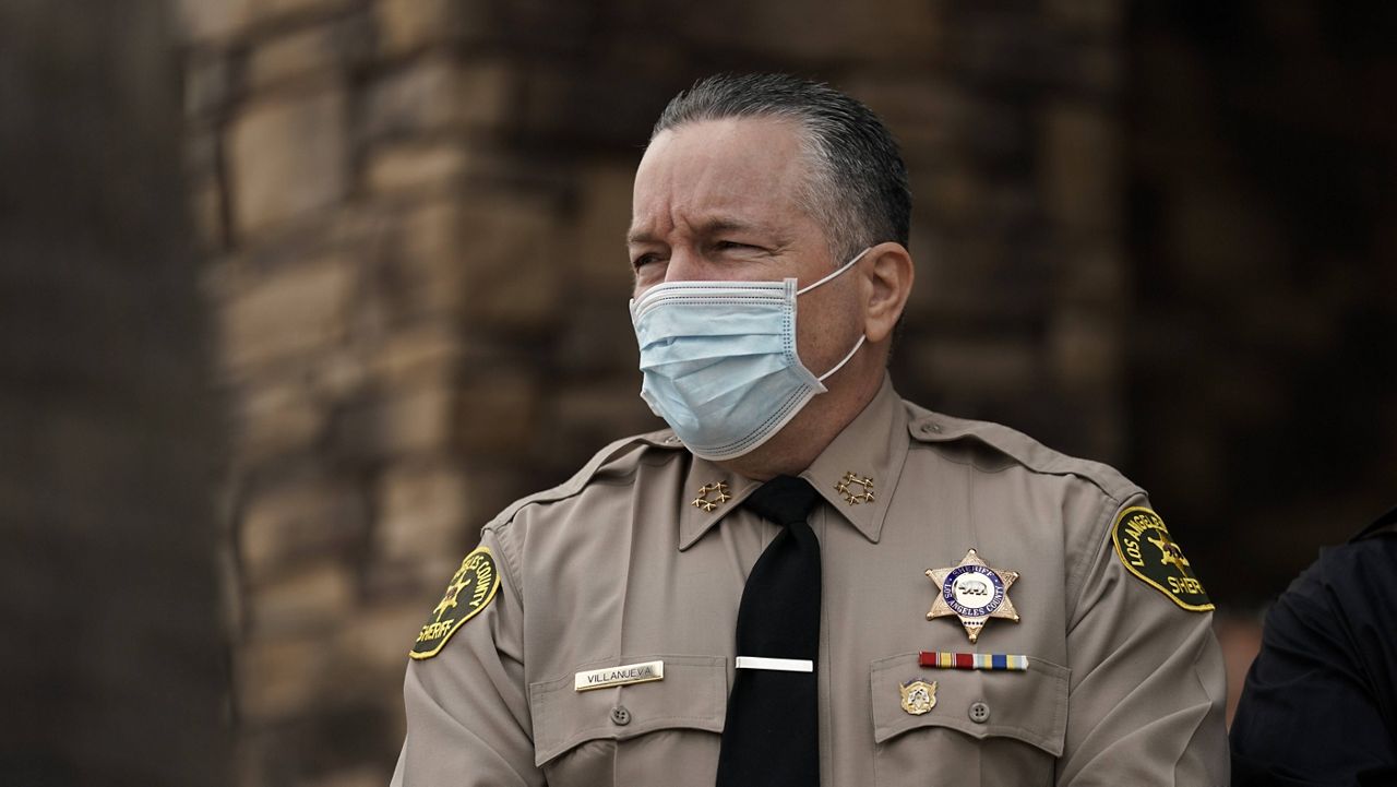 Los Angeles County Sheriff Alex Villanueva attends a news conference in Los Angeles, Thursday, Sept. 10, 2020. (AP Photo/Jae C. Hong)
