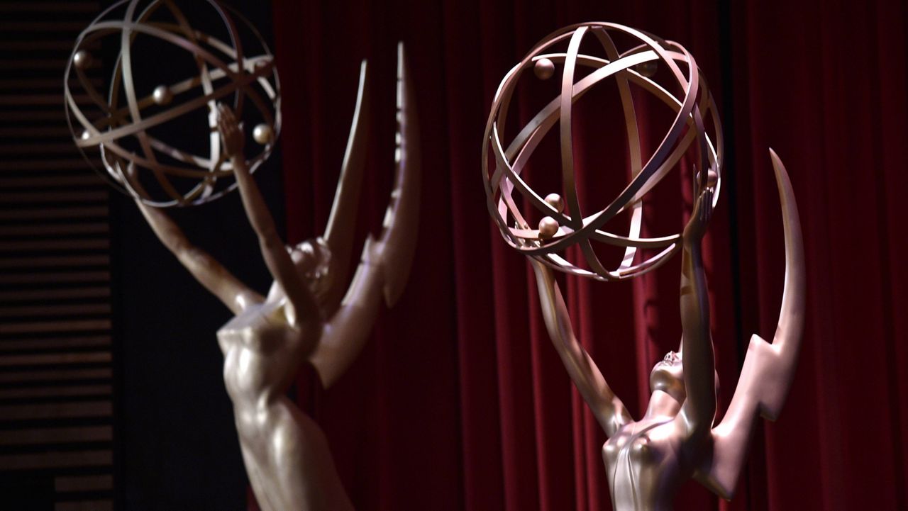 In this July 12, 2018, file photo, Emmy statues appear on stage at the 70th Primetime Emmy Nominations Announcements at the Television Academy's Saban Media Center, in Los Angeles. (Photo by Chris Pizzello/Invision/AP, File)