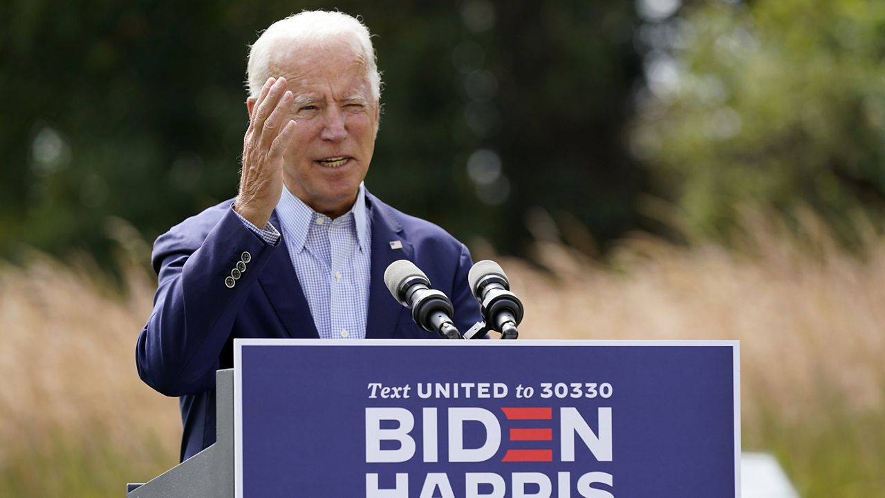 Democratic presidential candidate and former Vice President Joe Biden speaks about climate change and wildfires affecting western states, Monday, Sept. 14, 2020, in Wilmington, Del. (AP Photo/Patrick Semansky)