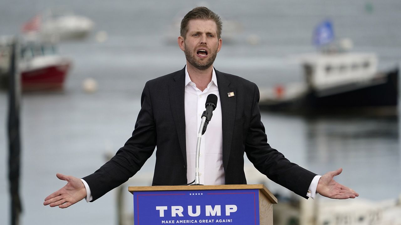 Eric Trump, the son of President Donald Trump, speaks at a campaign rally for his father, Tuesday, Sept. 17, 2020, in Saco, Maine. (AP Photo/Robert F. Bukaty)