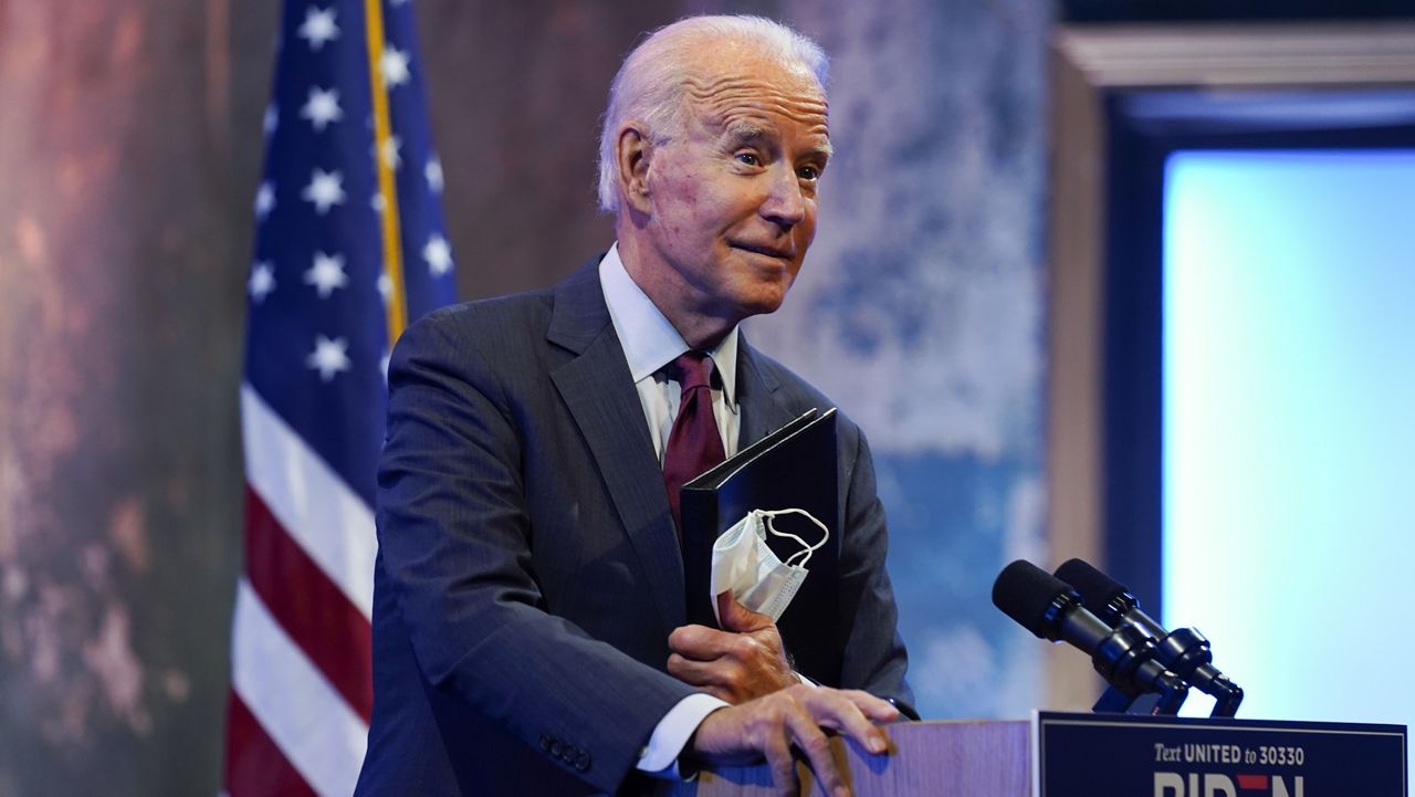 Democratic presidential candidate former Vice President Joe Biden gives a speech on the Supreme Court at The Queen Theater, Sunday, Sept. 27, 2020, in Wilmington, Del. (AP Photo/Andrew Harnik)