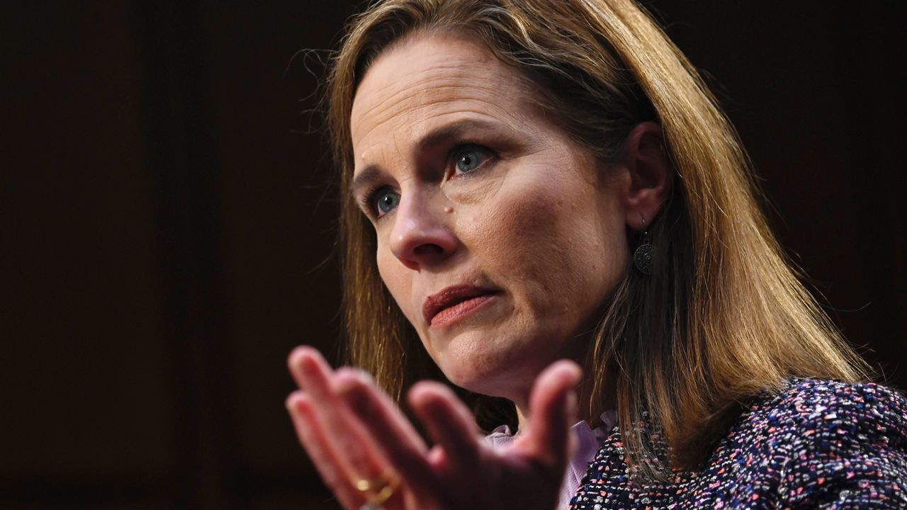 Supreme Court nominee Amy Coney Barrett testifies during the third day of her confirmation hearings Wednesday. (Andrew Caballero-Reynolds/Pool via AP)