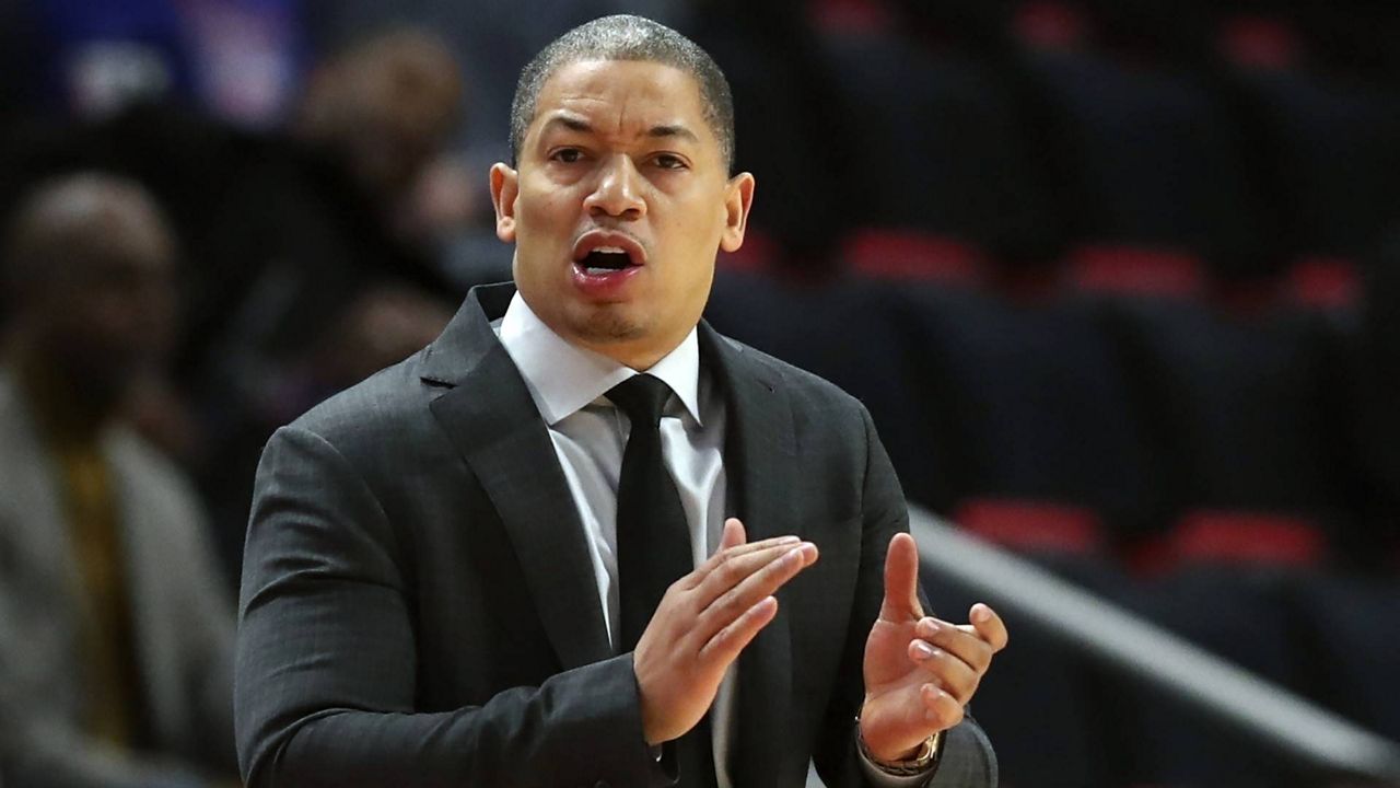 In this Oct. 25, 2018 photo, then-Cleveland Cavaliers head coach Tyronn Lue gestures during the first half of an NBA basketball game against the Detroit Pistons, in Detroit. (AP/Carlos Osorio)