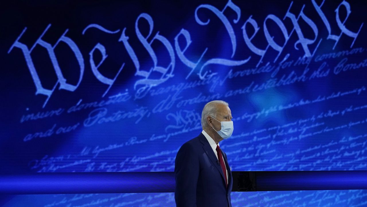 Democratic presidential candidate former Vice President Joe Biden participates in a town hall with moderator ABC News anchor George Stephanopoulos at the National Constitution Center in Philadelphia, Thursday, Oct. 15, 2020. (AP Photo/Carolyn Kaster)