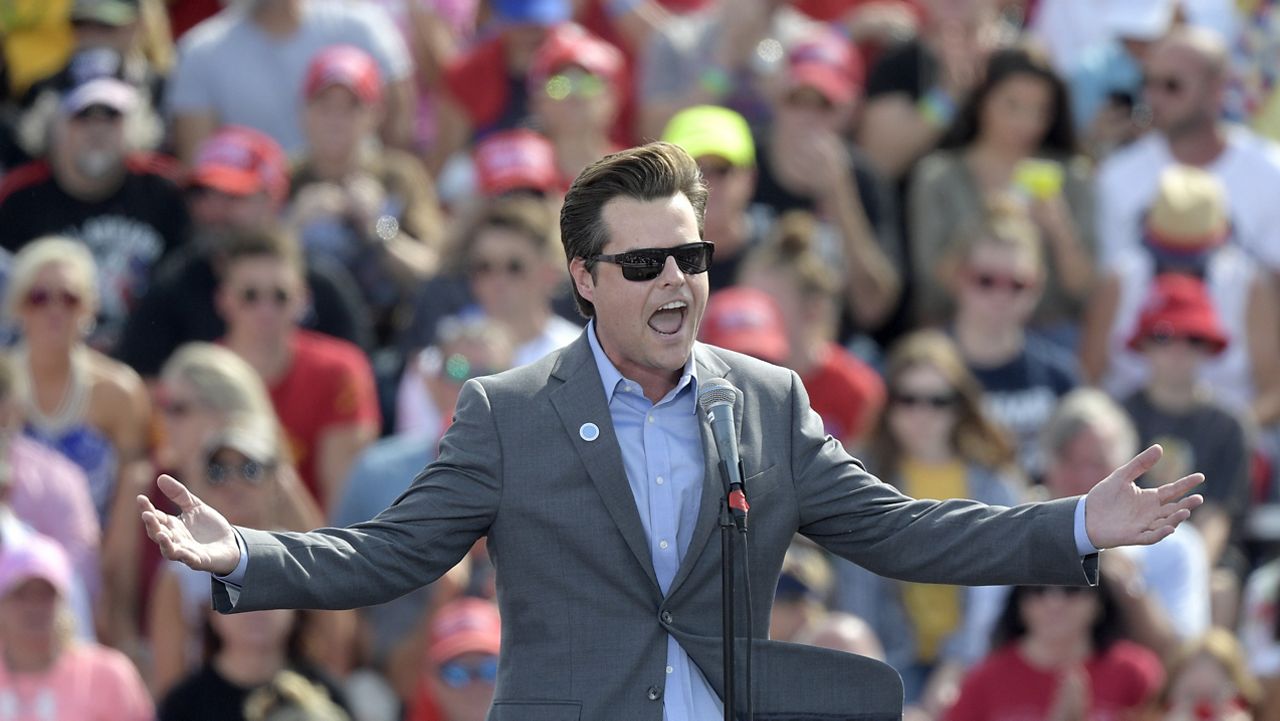 Rep. Matt Gaetz, R-Fla., addresses the crowd during a President Donald Trump campaign rally at the Ocala International Airport, Friday, Oct. 16, 2020, in Ocala, Fla. (AP Photo/Phelan M. Ebenhack)