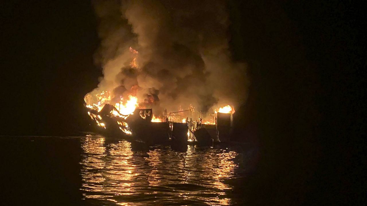 In this Sept. 2, 2019 photo, the dive boat Conception is engulfed in flames after a deadly fire broke out aboard the commercial scuba diving vessel off the Southern California Coast. (Santa Barbara County Fire Department via AP)