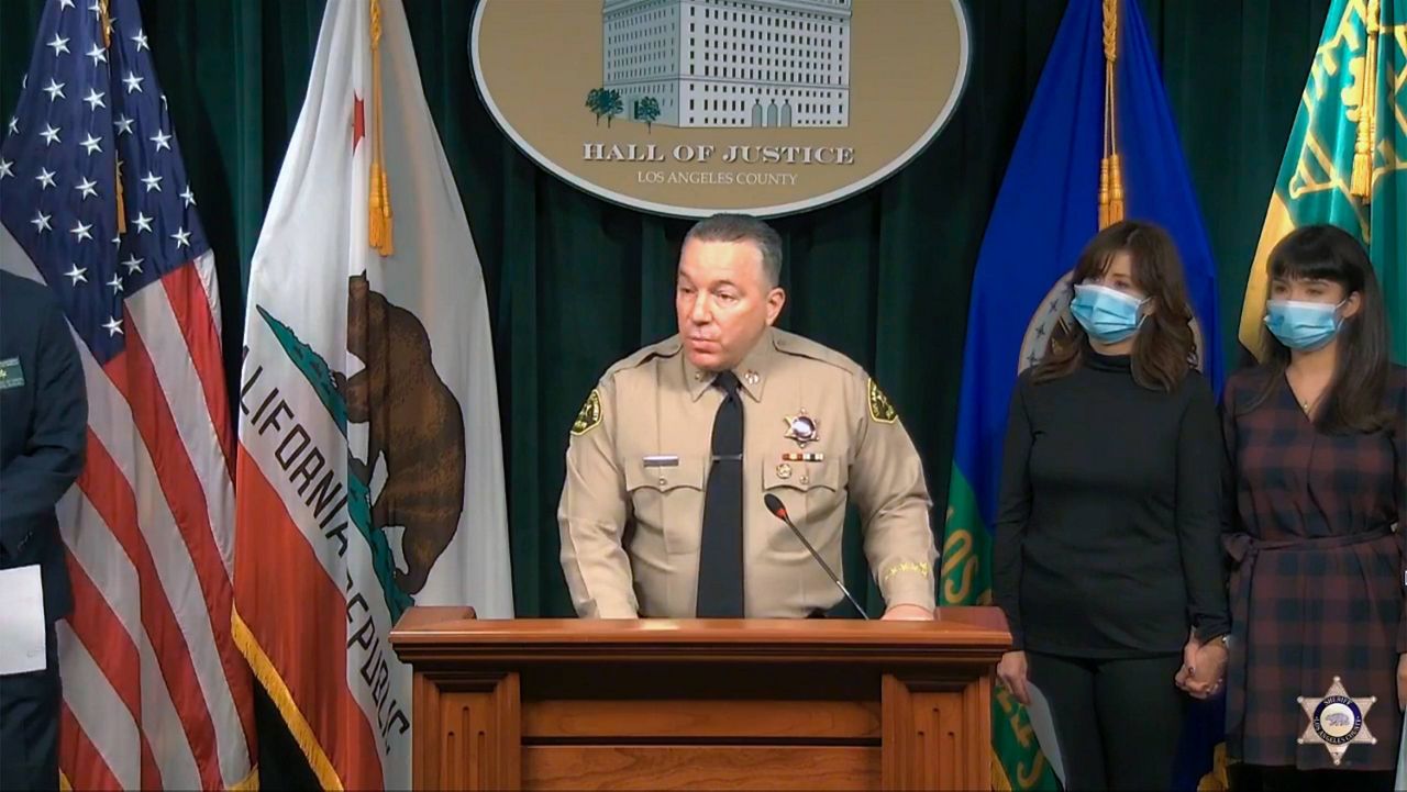 In this image take from a livestream video feed provided by the Los Angeles County Sheriff's Department, Sheriff Alex Villanueva speaks during a news conference in Los Angeles, Wednesday, Oct. 21, 2020. (Los Angeles County Sheriff's Department via AP)