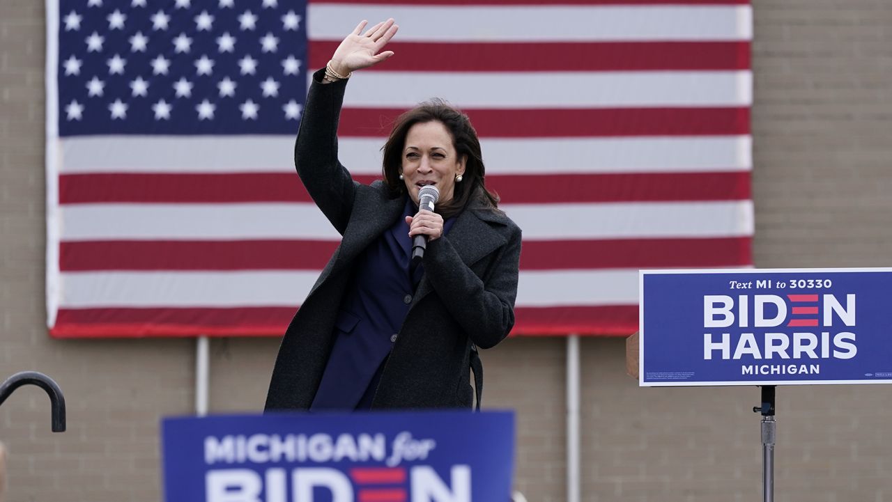 Democratic vice presidential candidate Sen. Kamala Harris, D-Calif., speaks during a campaign event, Sunday, Oct. 25, 2020, in Detroit. (AP Photo/Carlos Osorio)