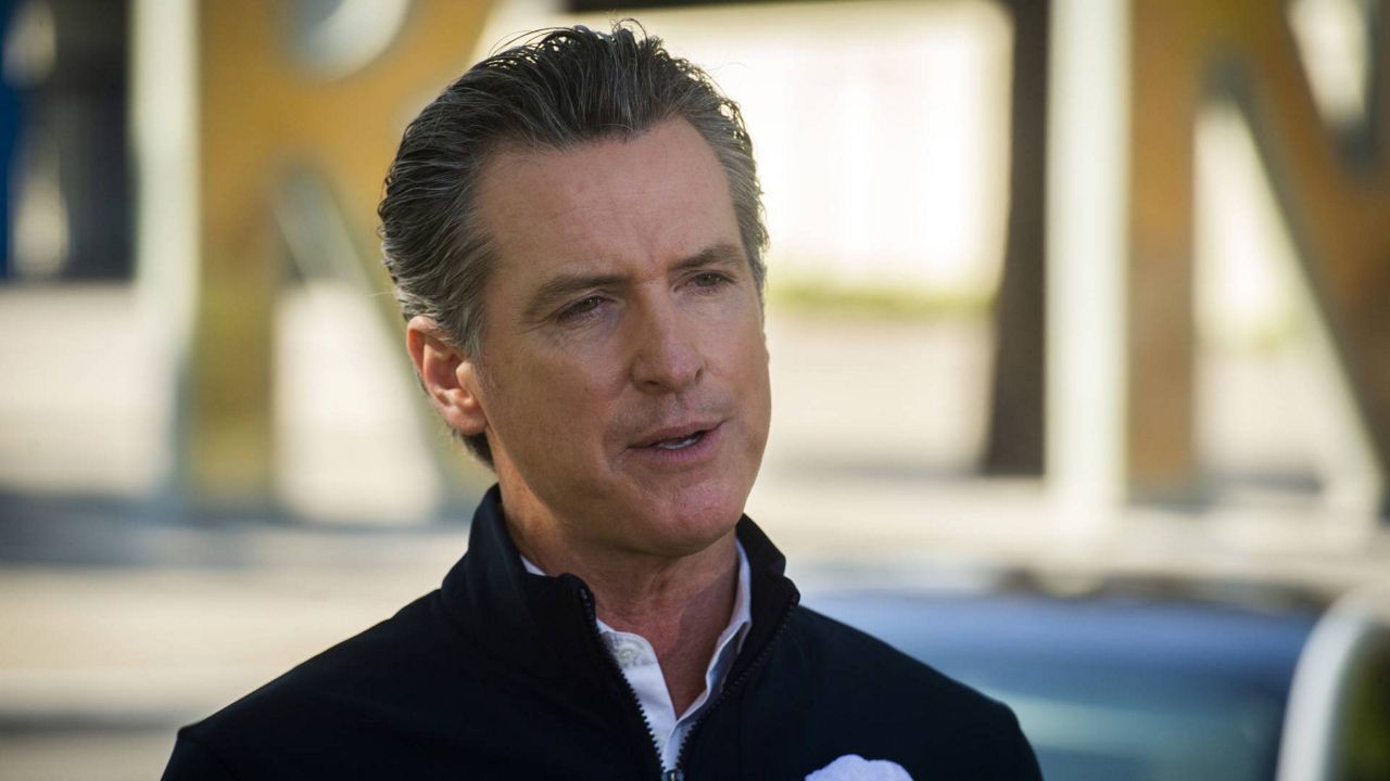 FILE - In this Sept. 23, 2020 photo California Gov. Gavin Newsom speaks at a news conference at Cal Expo in Sacramento. (Daniel Kim/The Sacramento Bee via AP, Pool)