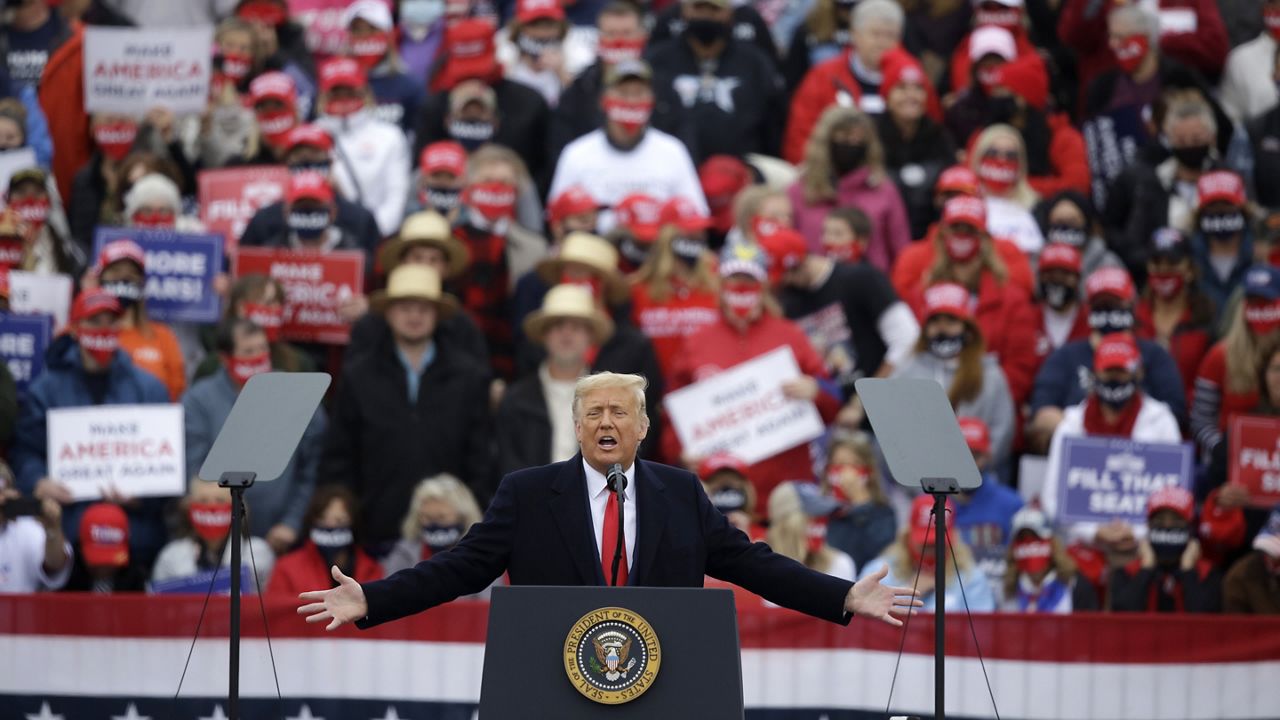 President Donald Trump speaks at a campaign rally at Lancaster Airport, Monday, Oct. 26, 2020 in Lititz, Pa. (AP Photo/Jacqueline Larma)