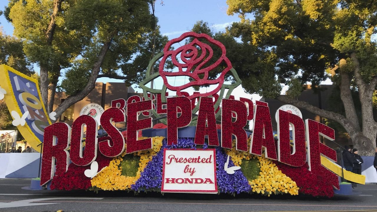 In this Jan. 1, 2020, file photo a 2020 Rose Parade float is seen at the start of the route at the 131st Rose Parade in Pasadena, Calif. (AP Photo/Michael Owen Baker, File)