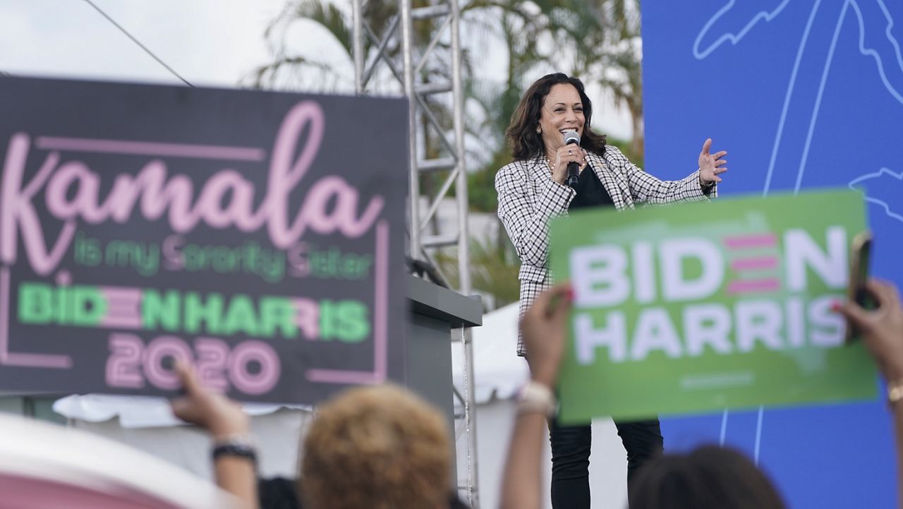 Democratic vice presidential candidate Sen. Kamala Harris, D-Calif., speaks during a drive-in get out the vote rally, Saturday, Oct. 31, 2020, at Palm Beach State College in Lake Worth, Fla. (AP Photo/Wilfredo Lee)