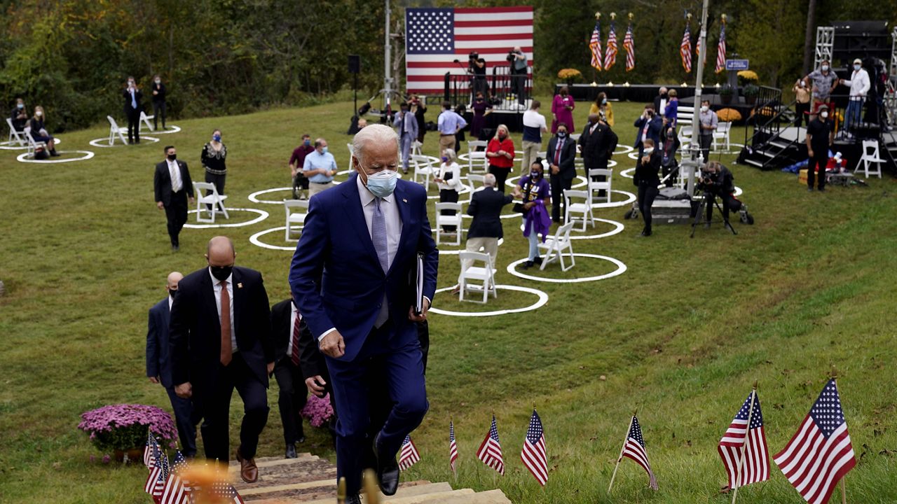 Joe Biden leaves after speaking at Mountain Top Inn & Resort on Oct. 27 in Warm Springs, Ga. (AP Photo/Andrew Harnik)