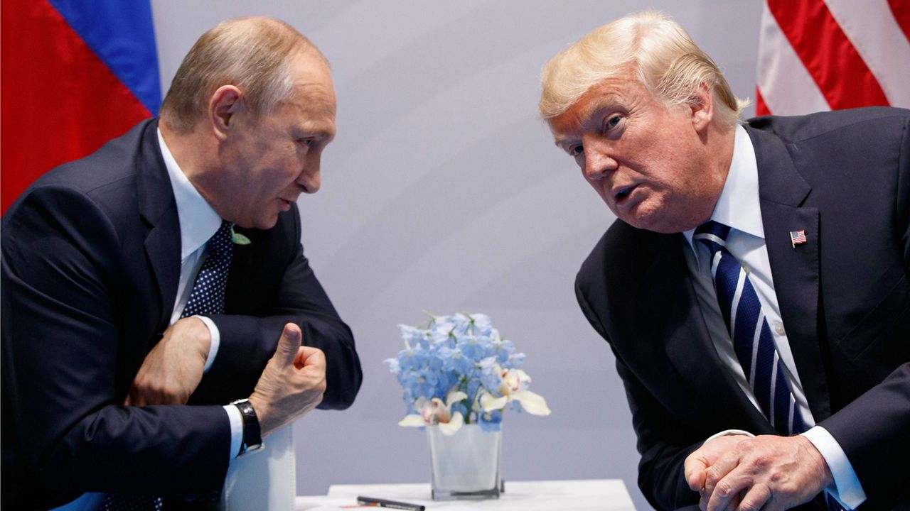 In this July 7, 2017, file photo, U.S. President Donald Trump meets with Russian President Vladimir Putin at the G-20 Summit in Hamburg, Germany. (AP Photo/Evan Vucci, File)