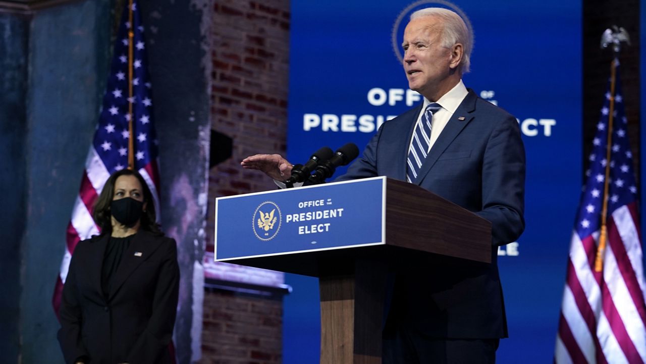 President-elect Joe Biden speaks Tuesday, Nov. 10, 2020, at The Queen theater in Wilmington, Del. (AP Photo/Carolyn Kaster)