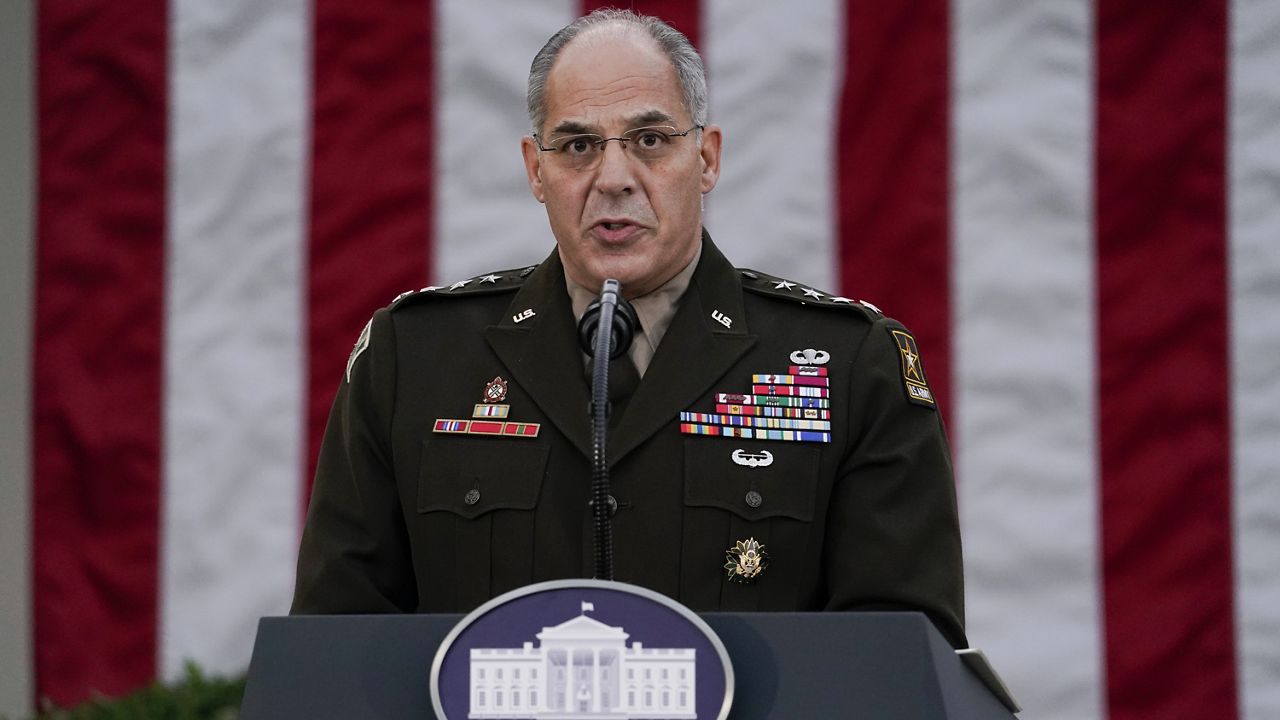 Army Gen. Gustave Perna, who is leading Operation Warp Speed, speaks during at an event in the Rose Garden of the White House, Friday, Nov. 13, 2020, in Washington. (AP Photo/Evan Vucci)