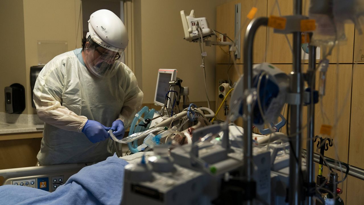 Respiratory care practitioner Scott Hoagland checks on a COVID-19 patient at Providence Holy Cross Medical Center in the Mission Hills section of Los Angeles, Thursday, Nov. 19, 2020. (AP Photo/Jae C. Hong)