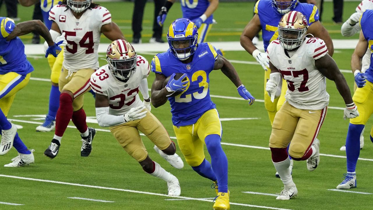 Rams running back Cam Akers (23) carries during the second half of an NFL game Sunday, Nov. 29, 2020, in Inglewood, Calif. (AP/Alex Gallardo)