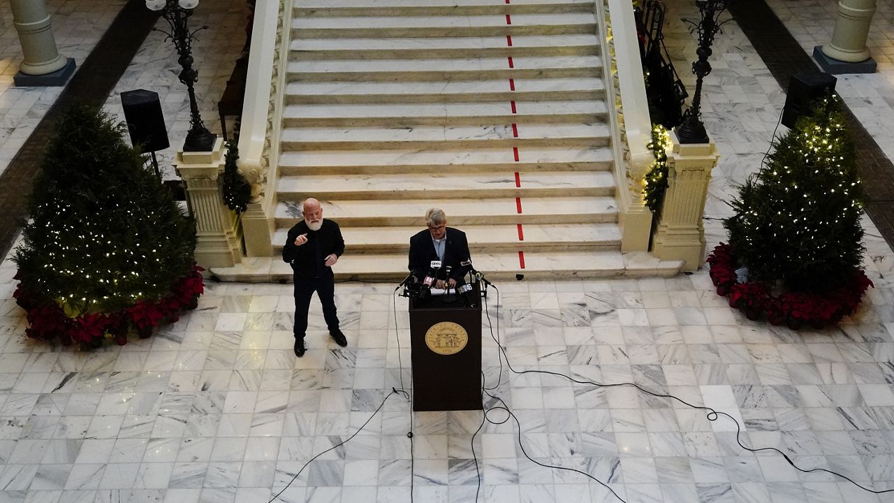 Gabriel Sterling, a top Georgia elections official speaks on Monday, Nov. 30, 2020, during a news conference in Atlanta. On Tuesday Dec. 1, 2020, Sterling called on President Donald Trump to condemn supporters who have threatened violence against election officials. (AP Photo/Brynn Anderson)