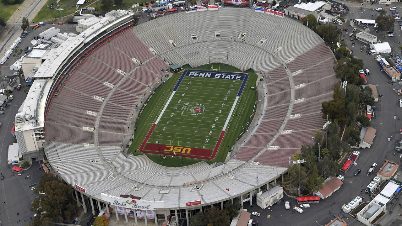 This Jan. 2, 2017, file pool photo, shows an aerial view of the empty Rose Bowl stadium before to the Rose Bowl NCAA college football game between Southern California and Penn State in Pasadena, Calif. (The Tournament of Roses via AP, Pool, File)