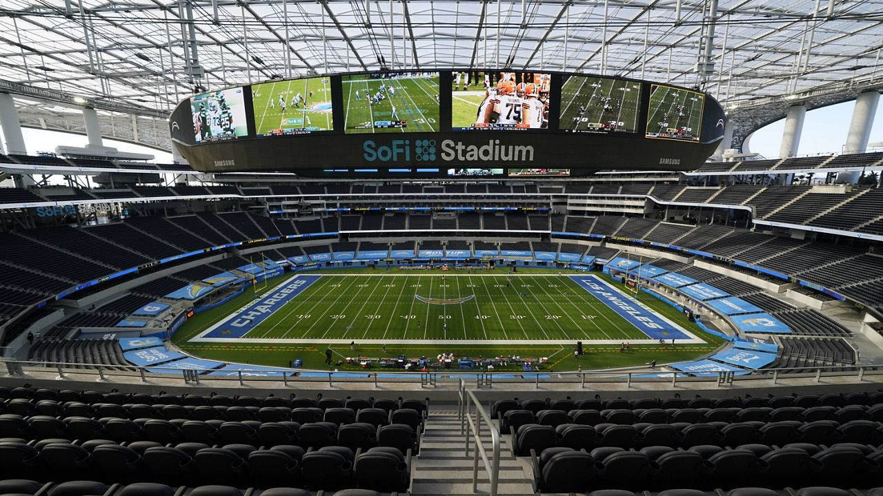 Interior view of SoFi Stadium before an NFL football game between the Los Angeles Chargers and the New England Patriots Sunday, Dec. 6, 2020, in Inglewood, Calif. (AP Photo/Ashley Landis)