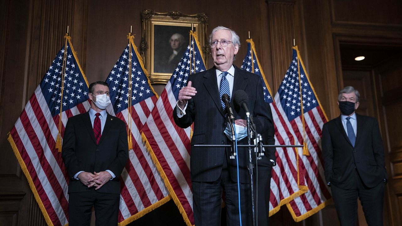 Senate Majority Leader Mitch McConnell of Kentucky, speaks during a news conference following a weekly meeting with the Senate Republican caucus, Tuesday, Dec. 8. 2020 at the Capitol in Washington. (Sarah Silbiger/Pool via AP)