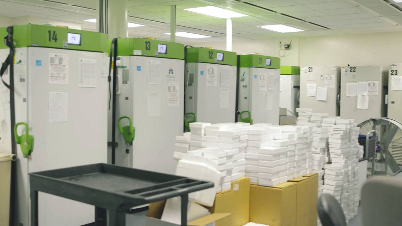 This Nov. 23, 2020 photo from video provided by Cedars-Sinai Medical Center in L.A. shows the room where they will store coronavirus vaccines in super-cold storage. (Cedars-Sinai via AP)